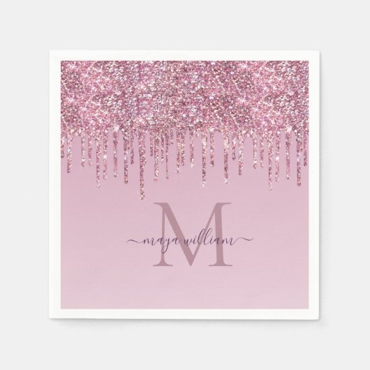 Rose Glitzer Tropfen Personalisiert Monogramm und  Serviette (Vorderseite)