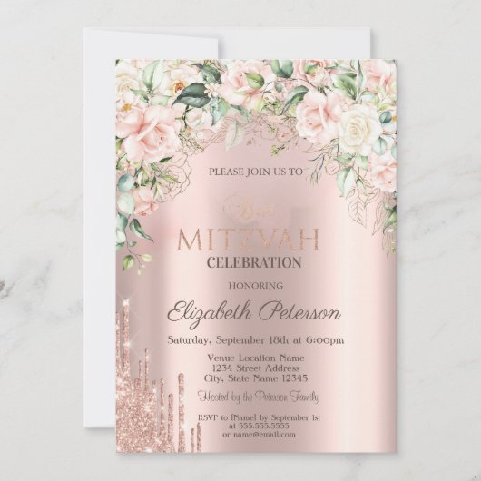 Rose Glitzer Tropfen Rose Gold Bat Mitzvah Einladung (Vorderseite)