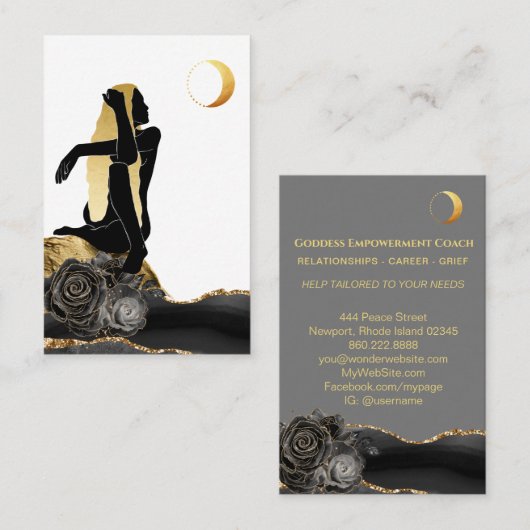 *~* Rose Goddess Black Gold Glitzer Moon Visitenkarte (Vorne/Hinten)