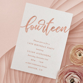 Rose Gold 14. Geburtstag Einladung | Imitate Foil