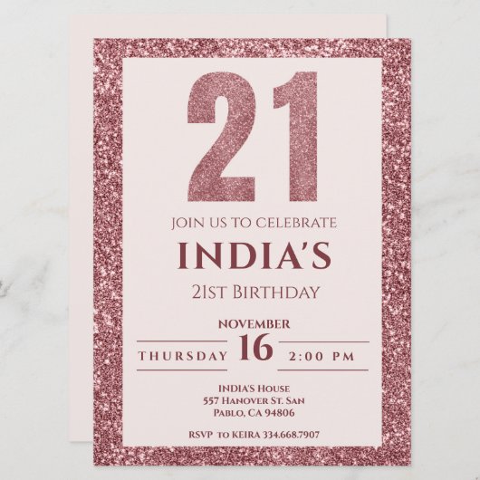 Rose Gold 21. Geburtstag Party Einladung (Vorne/Hinten)