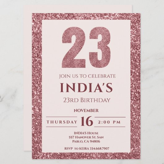 Rose Gold 23. Geburtstag Einladung (Vorne/Hinten)