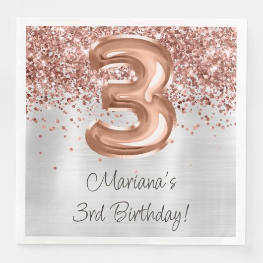 Rose Gold 3. Geburtstag Party Serviette (Vorderseite)