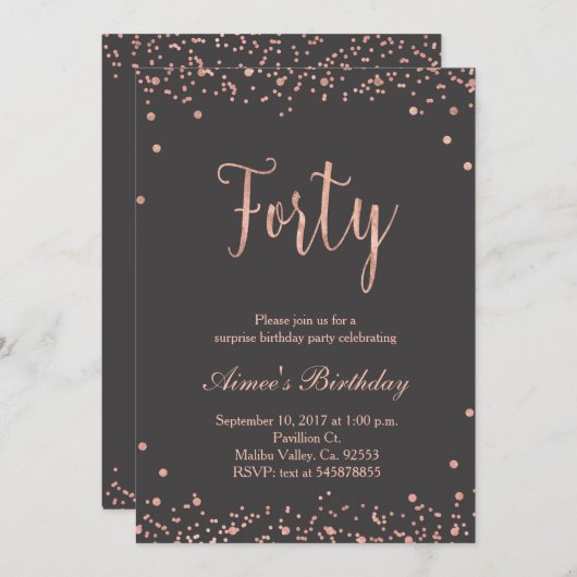 Rose Gold 40. Geburtstag Einladung (Vorne/Hinten)