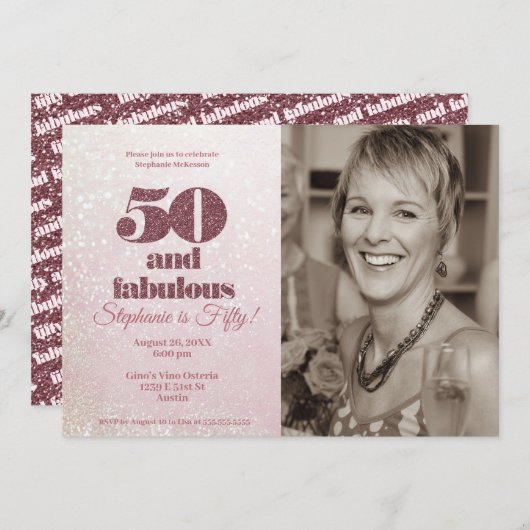 Rose Gold 50 und fabelhafte Elegant Fünfzig Geburt Einladung (Vorne/Hinten)