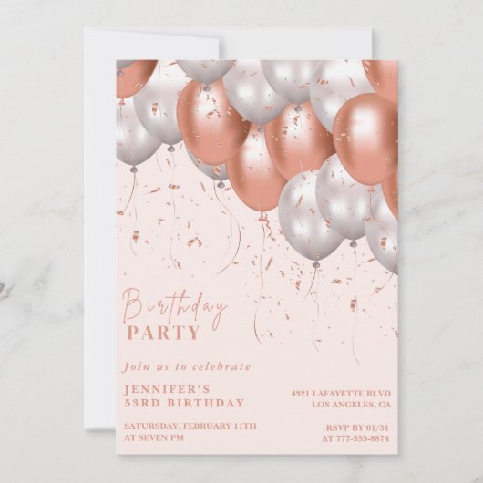 Rose gold 53. Geburtstag Einladungen Balloon Glam (Vorderseite)