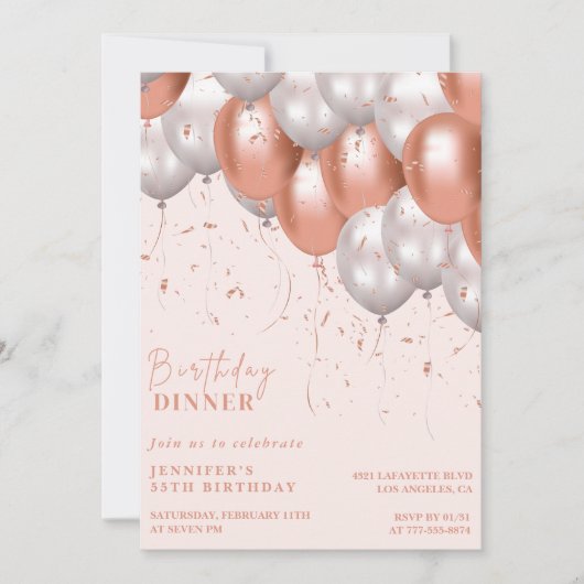 Rose gold 55. Geburtstag Einladungen Balloon Glam (Vorderseite)
