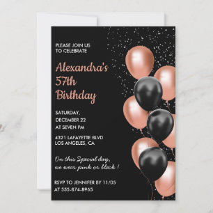 Rose Gold 57. Geburtstagseinladung Ballon Schwarz Einladung