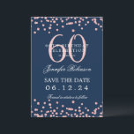 Rose Gold 60. Geburtstag Save the Date Navy Blue Einladung<br><div class="desc">Elegantes "60th Birthday Party" Design mit Imitats Glitzer Konfetti & Details Text. Einfach zu bedienen und leicht zu personalisieren. Bestelle noch heute!</div>