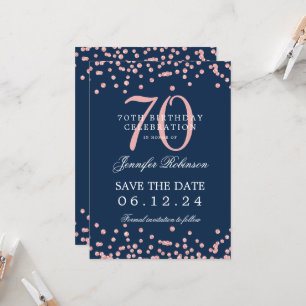 Rose Gold 70. Geburtstag Rett Datum Details Navy B Einladung