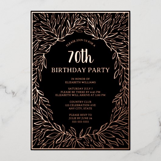 Rose Gold 70. Handgezeichneter Geburtstag Folieneinladung (Vorderseite)