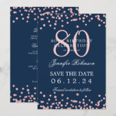 Rose Gold 80. Geburtstag Rett Datum Details Navy B Einladung (Vorne/Hinten)