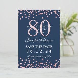 Rose Gold 80. Geburtstag Rett Datum Details Navy B Einladung