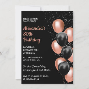 Rose Gold 80. Geburtstagseinladung Ballon Schwarz Einladung