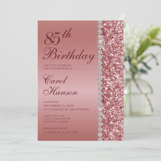 Rose Gold 85. Geburtstag Einladung (Stehend Vorderseite)