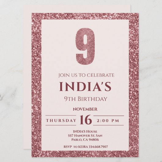 Rose Gold 9. Geburtstag Einladung (Vorne/Hinten)