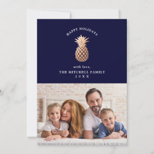 Rose Gold Ananas auf Navy Blau   Weihnachtsfoto Feiertagskarte