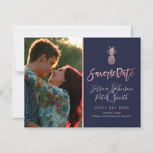 Rose Gold Ananas+DIY Hintergrund Navy Blue Save The Date (Vorderseite)