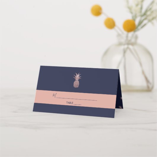 Rose Gold Ananas DIY Navy Blue Platzkarte (Vorderseite)