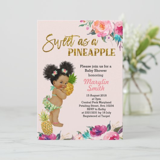 Rose Gold Ananas Kinderdusche Einladung (Stehend Vorderseite)