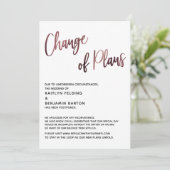 Rose Gold-Änderung der Pläne Verspätete Hochzeitsk Einladung (Stehend Vorderseite)