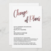 Rose Gold-Änderung der Pläne Verspätete Hochzeitsk Einladung (Vorne/Hinten)