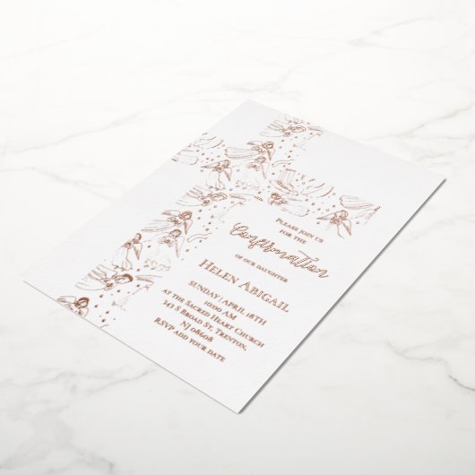 rose gold angels pattern cross Confirmation Folieneinladung (Gedreht)