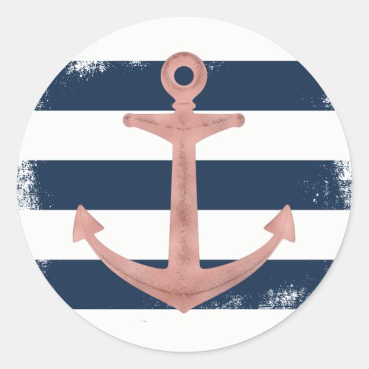 Rose Gold Anker Nautical Navy Stripes Runder Aufkleber (Vorderseite)