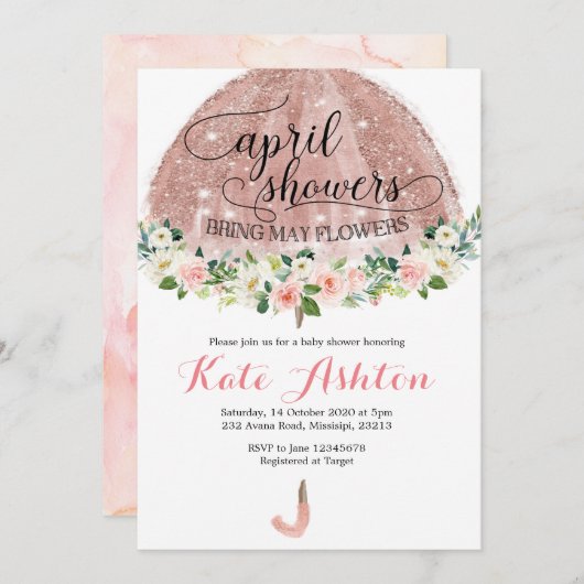 Rose Gold April Duschen Umbrella Baby Dusche Invit Einladung (Vorne/Hinten)