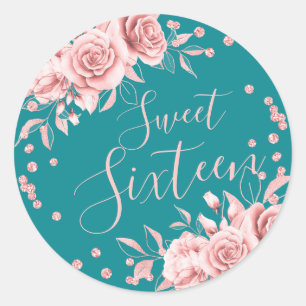 Rose Gold Aquamarin Sweet 16 Geburtstag Floral Gli Runder Aufkleber