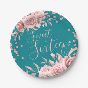 Rose Gold Aquamarin Sweet 16 Glitzer Confetti Flor Pappteller