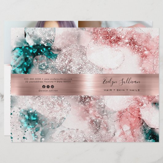 Rose Gold aquamarine Aquarellservice-Menübroschüre (Vorne/Hinten)