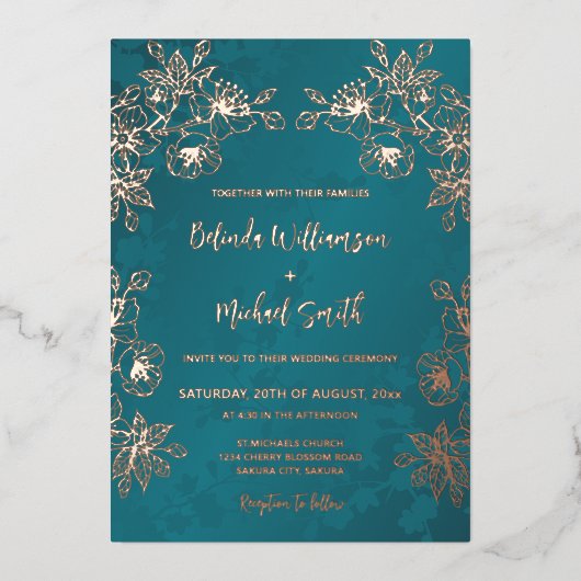 Rose Gold Aquamarine Blumenhochzeit Folieneinladung (Vorderseite)