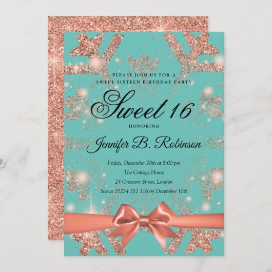 Rose Gold Aquamariner Glitzer & Ribbon Winter Swee Einladung (Vorne/Hinten)