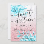 Rose Gold Aquamariner Marmor Glitzer Blumensaft 16 Einladung (Vorderseite)