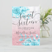 Rose Gold Aquamariner Marmor Glitzer Blumensaft 16 Einladung (Stehend Vorderseite)