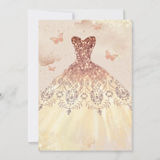 Rose Gold Aquarell Schmetterlingskleid Quinceanera Einladung (Rückseite)