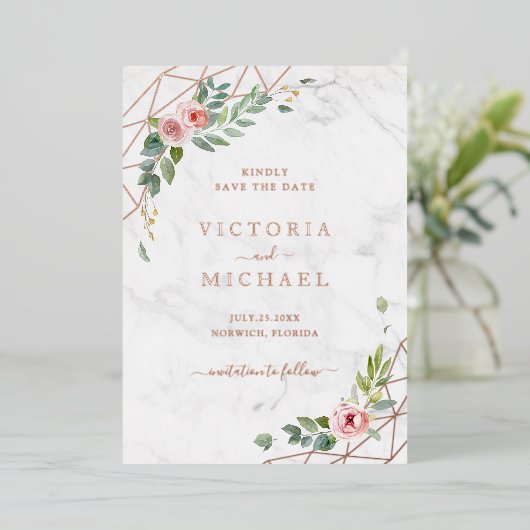Rose Gold Aquarellfarben Blumenrosa Save the Date Folieneinladung (Stehend vorne)