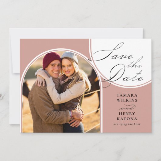Rose Gold Arched Foto Hochzeitkalligrafie Save The Date (Vorderseite)