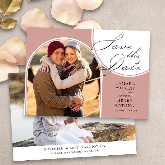 Rose Gold Arched Foto Hochzeitkalligrafie Save The Date
