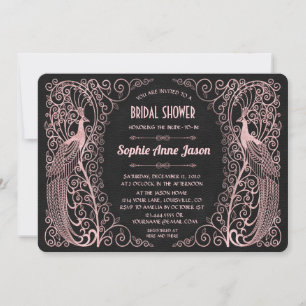 Rose Gold Art Deco Pfauen Schwarze Hochzeitsfeier Einladung