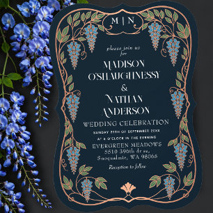 Rose Gold Art Nouveau Blaue Glyzinie Hochzeit  Einladung