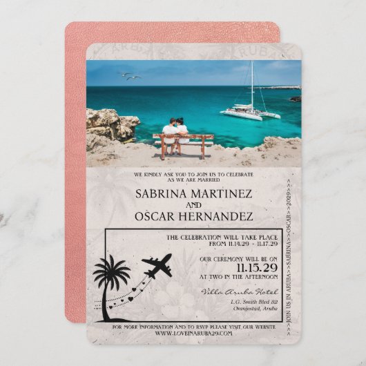 Rose Gold Aruba Pass Einladung Hochzeit (Vorne/Hinten)