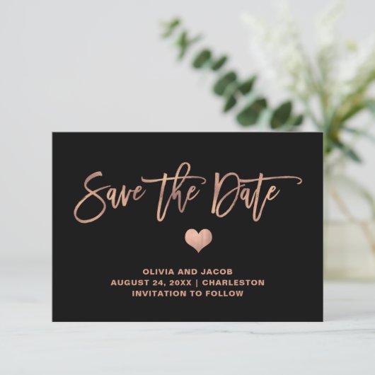 Rose Gold auf Schwarz mit Herz | Foto zurück Save The Date (Stehend Vorderseite)