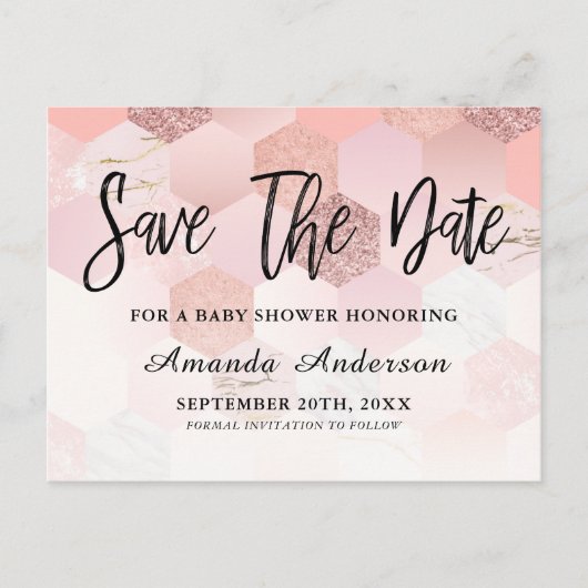 Rose Gold Baby Dusche Ankündigungspostkarte (Vorderseite)