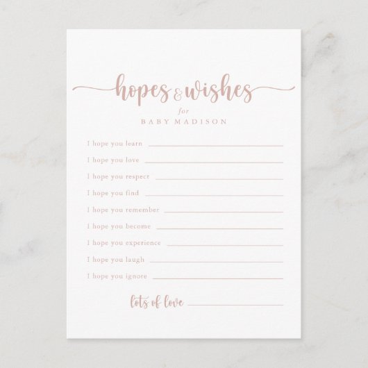 Rose Gold Baby Shower Hopps & Wish Card Postkarte (Vorderseite)