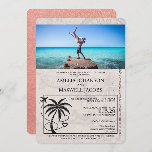 Rose Gold Bahamas Passport Hochzeit Einladung (Vorne/Hinten)