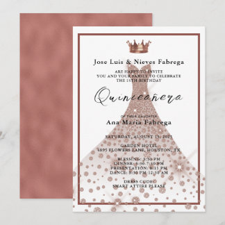 Rose Gold Ball Gown & Tiara Quinceañera Geburtstag Einladung