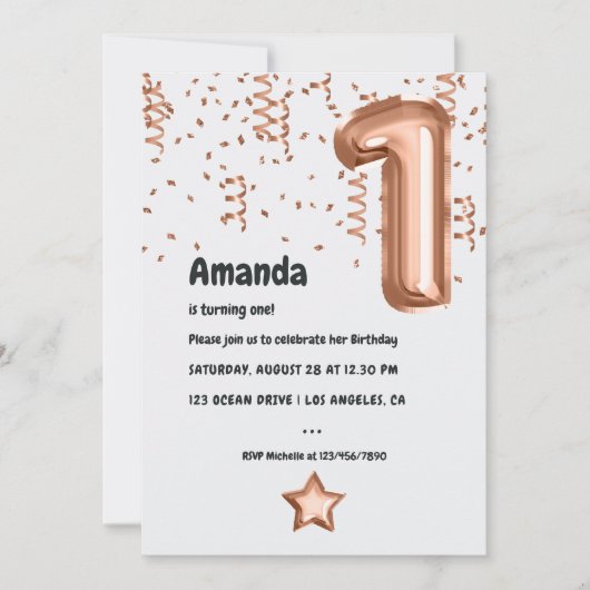 Rose Gold Ballon 1. Geburtstag Einladung (Vorderseite)