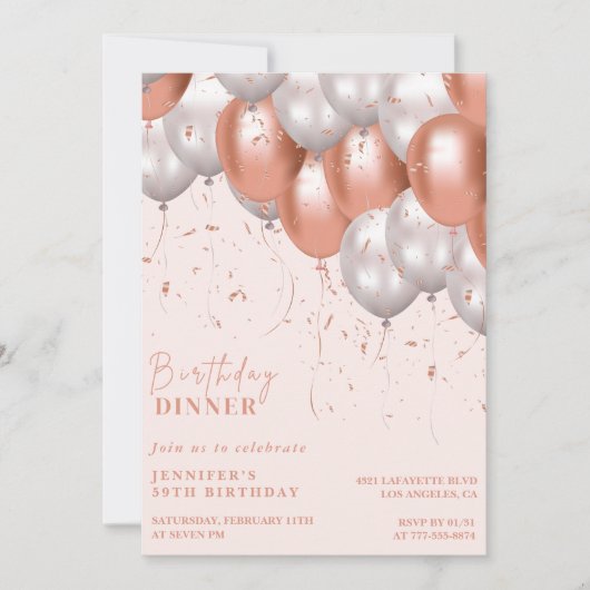 Rose gold Ballon Abendessen 59. Geburtstag Einladung (Vorderseite)